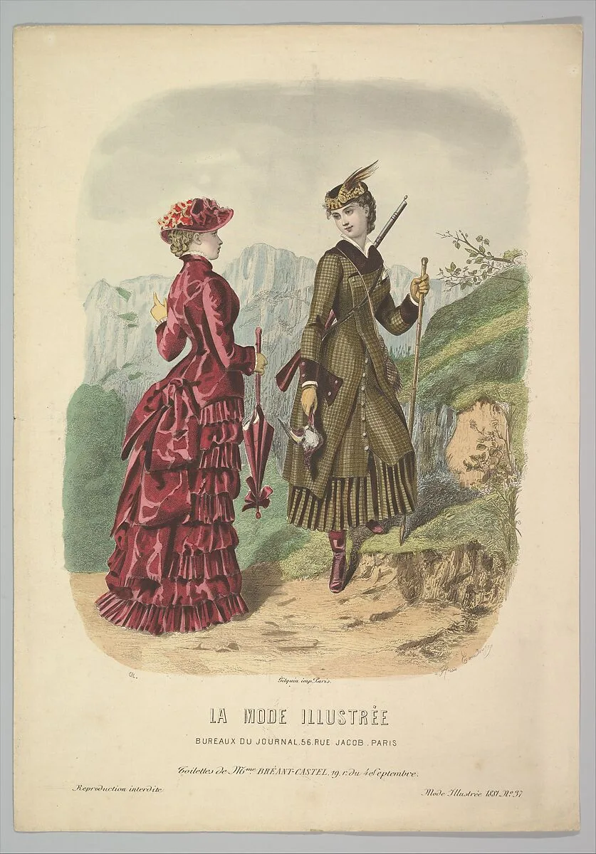 A Lady in a Hunting Costume with a Lady in Walking Costume on a Mountain Path from La Mode Illustrée — Adèle-Anaïs Toudouze