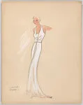 Drawing for a woman's theatrical costume with halter-neck gown with jeweled buttons — Vincente Minnelli