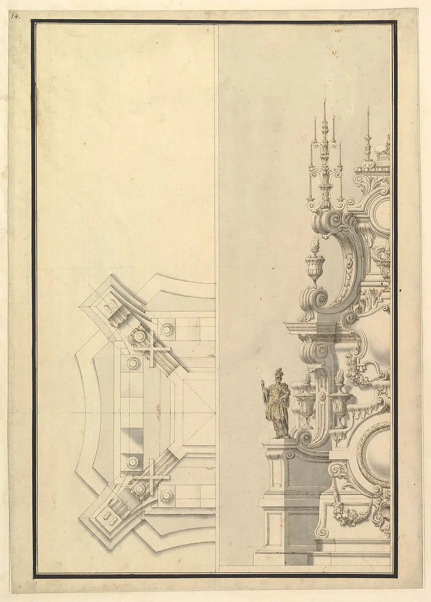Half Ground Plan and Half Elevation of a Catafalque, surmounted by a royal Crown — Giuseppe Galli Bibiena