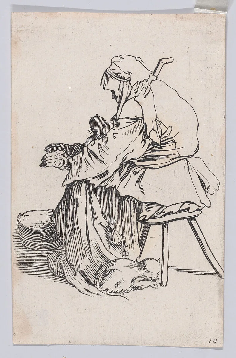 Copy of La Vieille aux Chats (The Old Woman with Cats), from "Les Gueux suite appelée aussi Les Mendiants, Les Baroni, ou Les Barons" (The Beggars, also called the Barons) — Jacques Callot|Anonymous