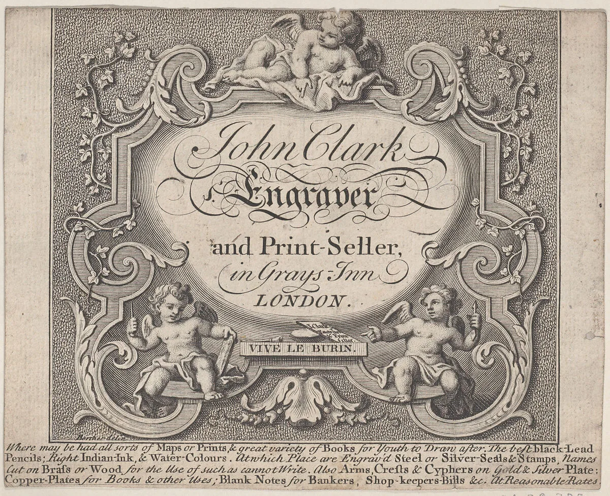 Trade Card for John Clark, Engraver & Printseller — Anonymous, British, 18th century