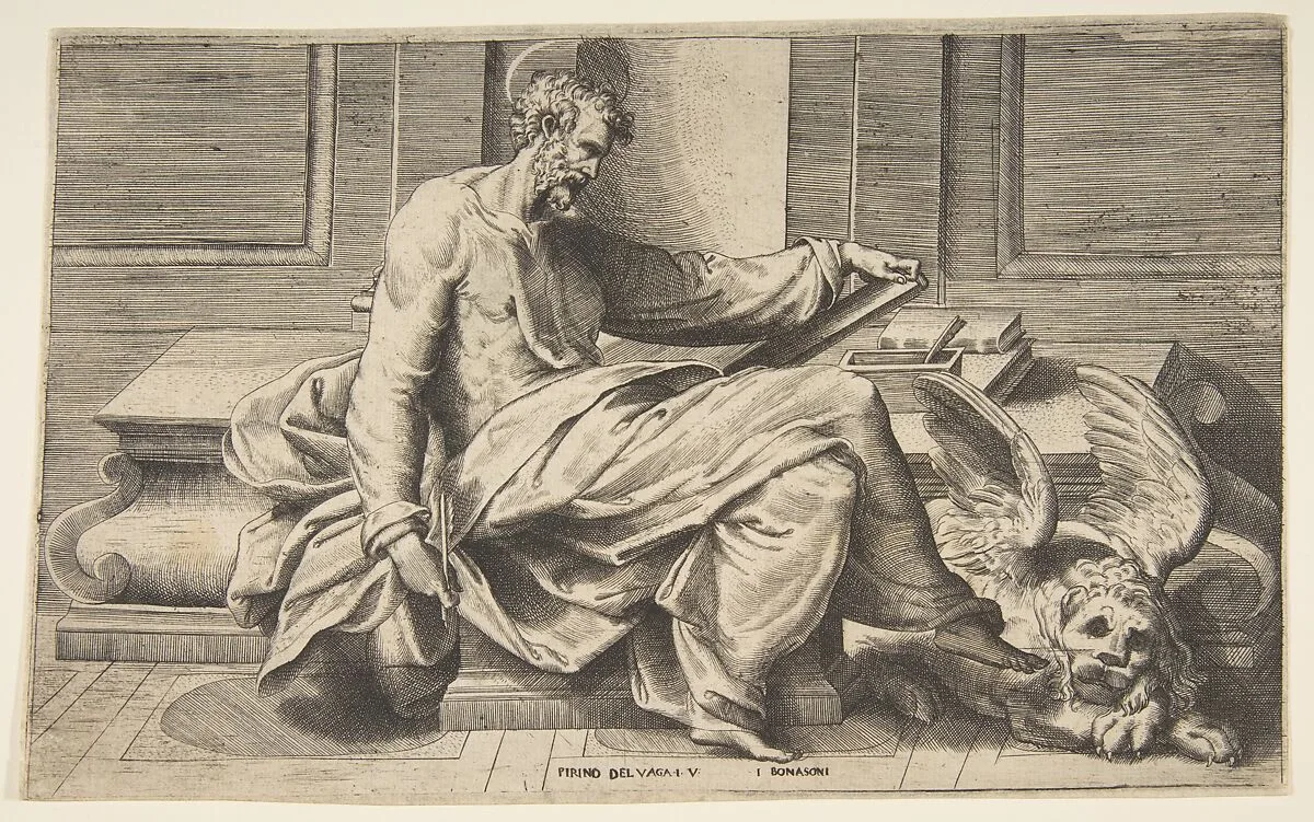 Saint Mark writing his Gospel, a winged lion at the right — Giulio Bonasone|Perino del Vaga (Pietro Buonaccorsi)