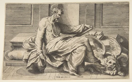 Saint Mark writing his Gospel, a winged lion at the right