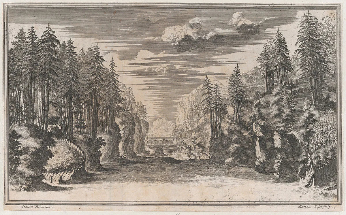 Landscape with two figures running along the bank of the river Xanto; set design from 'Il Pomo D'Oro' — Mathäus Küsel|Ludovico Ottaviano Burnacini