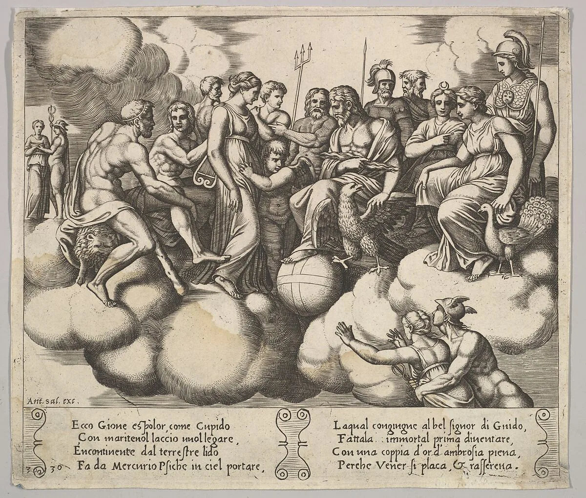 Plate 30: Venus and Cupid pleading their case in the presence of Jupiter and other Gods, from "The Fable of Cupid and Psyche" — Master of the Die|Antonio Salamanca|Michiel Coxie (I)
