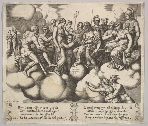 Plate 30: Venus and Cupid pleading their case in the presence of Jupiter and other Gods, from "The Fable of Cupid and Psyche"