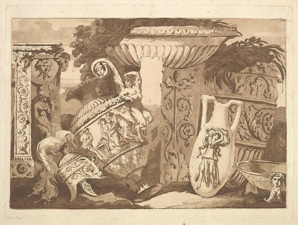 Composition with the Antique Fragments and a Leaning Vase, from Recueil de Compositions par Lagrenée Le Jeune (Collection of Compositions by Lagrenée the Younger) — Jean Jacques Lagrenée