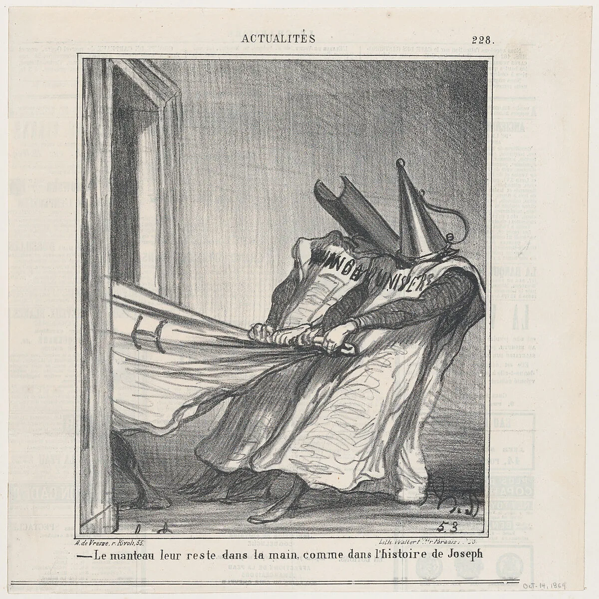 The cloak remains in their hands, like in the story of Joseph, from 'News of the day,' published in Le Charivari, October 14, 1869 — Walter Frères|Honoré Daumier|Arnaud de Vresse