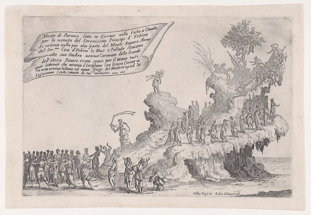 Le Char du Mont Parnasse (The Chariot of Mount Parnassus), from Guerre de Beauté (Guerra di Bellezza) (War of Beauty) — Jacques Callot|Giulio Parigi