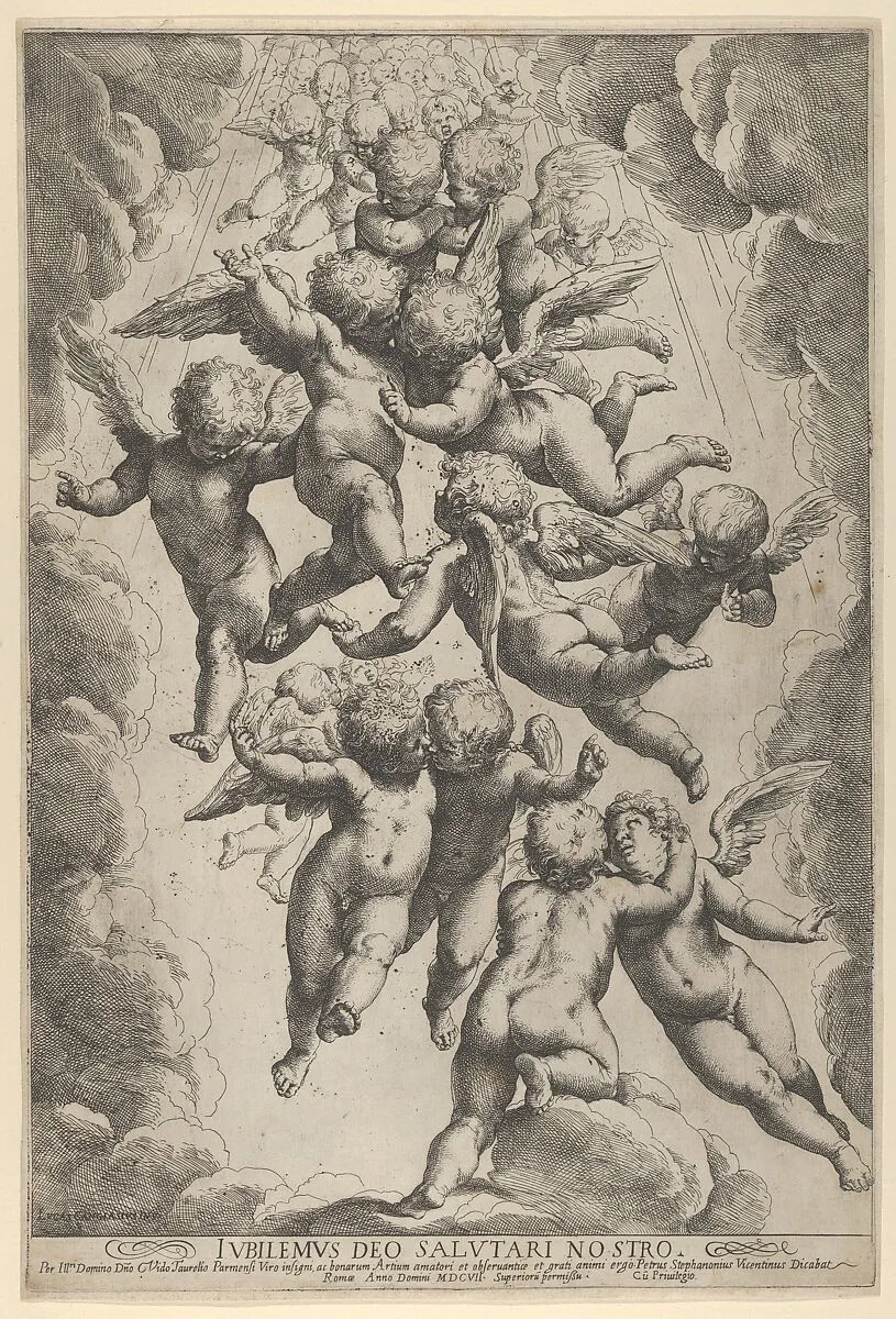 A group of angels embracing in flight, framed by clouds — Guido Reni|Luca Cambiaso
