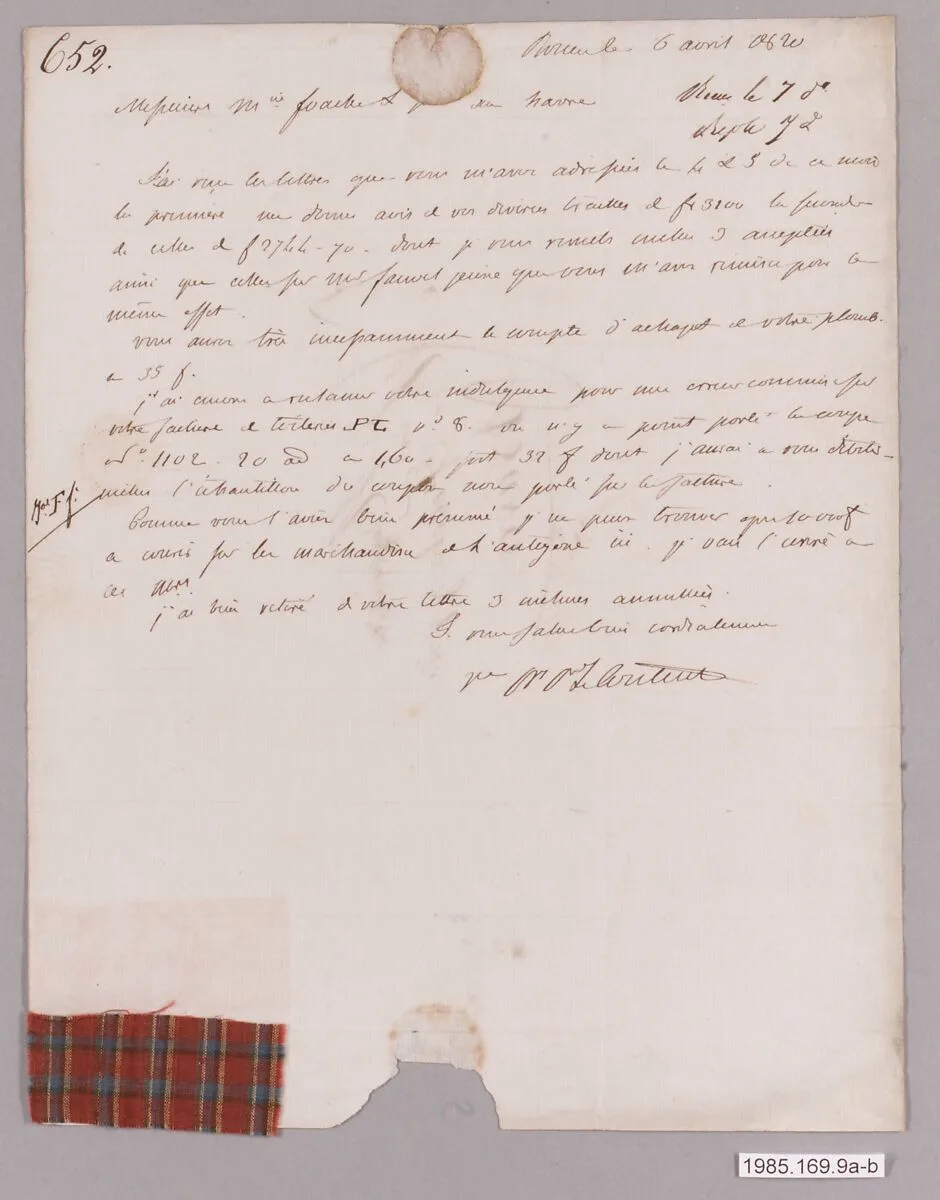 Letter with textile samples — Unknown