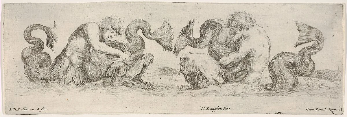 Two Tritons wrestling with other Sea Creatures, Plate 13 from: 'Decorative friezes and foliage' (Ornamenti di fregi e fogliami) — Stefano della Bella|Nicolas Langlois II