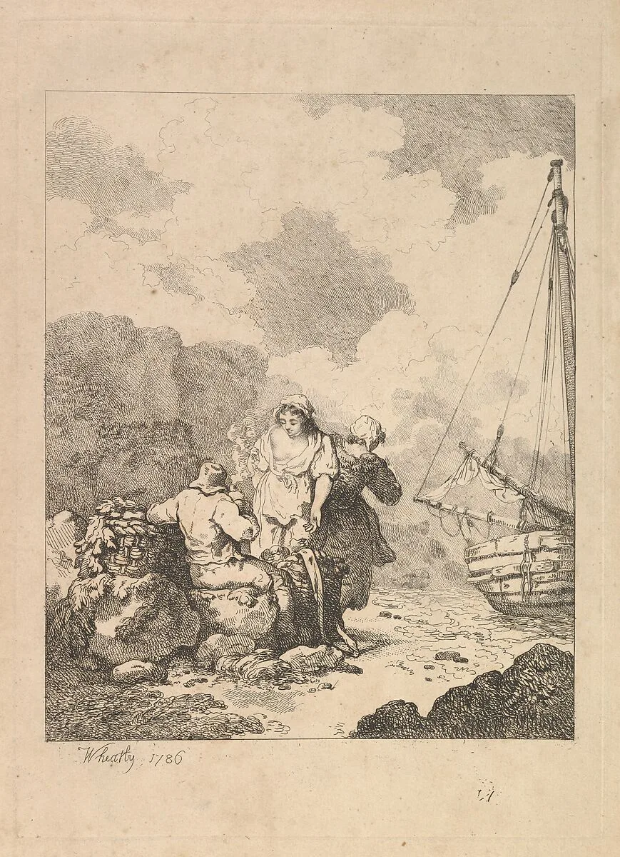 Fishermen by the Shore – Coastal Scene with a Man Sitting on Rocks and Smoking a Pipe, Next to a Standing Young Woman, with a Second Woman Behind — Thomas Rowlandson|Francis Wheatley