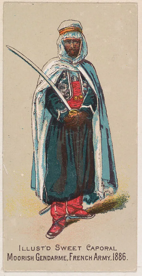 Moorish Gendarme, French Army, 1886, from the Military Series (N224) issued by Kinney Tobacco Company to promote Sweet Caporal Cigarettes — Kinney Brothers Tobacco Company