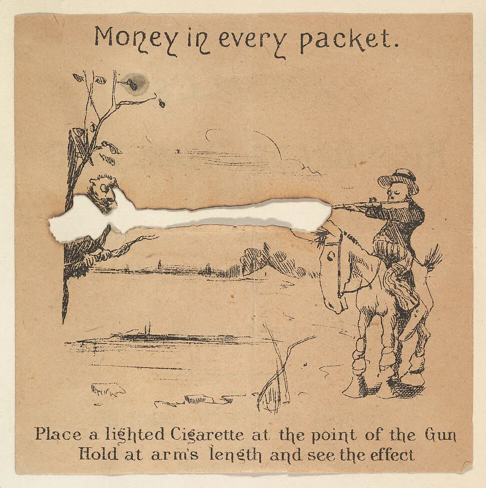 Boy on horse shooting rifle at owl, from the Comic Powder Novelties series (N200) issued by Wm. S. Kimball & Co. — William S. Kimball & Company