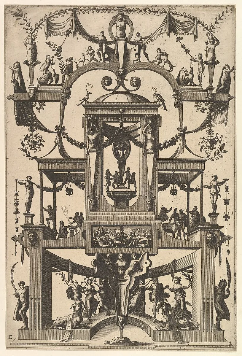 Surface Decoration, Grotesque with Strapwork, Aedicula at Center, on Either Side Recessed Balconies, in Frame at Lower Center Moses and the Brazen Serpent from Veelderleij Veranderinghe van grotissen ende Compertimenten...Libro Primo — Cornelis Floris II|Johannes van Doetecum I|Lucas van Doetecum