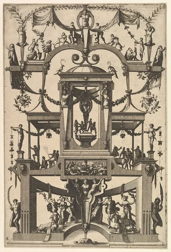 Surface Decoration, Grotesque with Strapwork, Aedicula at Center, on Either Side Recessed Balconies, in Frame at Lower Center Moses and the Brazen Serpent from Veelderleij Veranderinghe van grotissen ende Compertimenten...Libro Primo