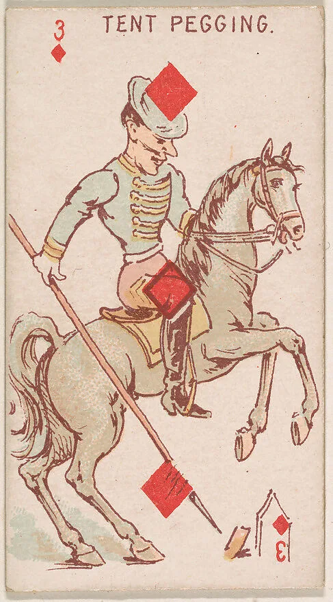 Three of Diamonds, Tent Pegging, from Harlequin Cards, 2nd Series (N220) issued by Kinney Bros. — Kinney Brothers Tobacco Company