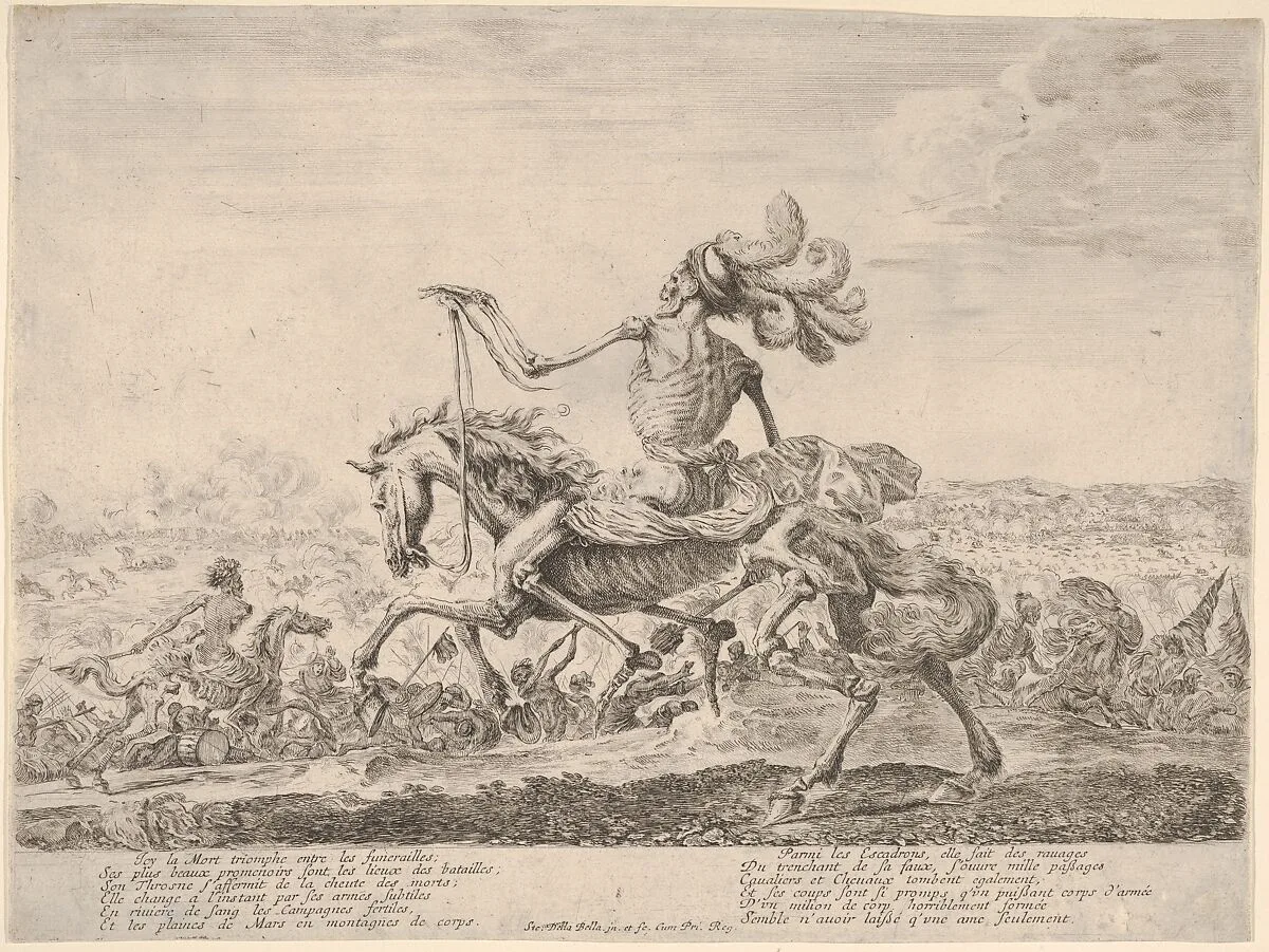 Death on a battlefield, atop a horse riding towards the left, wearing a hat with many feathers, other figures of Death battling to left and right in the background — Stefano della Bella