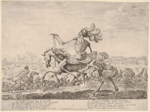 Death on a battlefield, atop a horse riding towards the left, wearing a hat with many feathers, other figures of Death battling to left and right in the background
