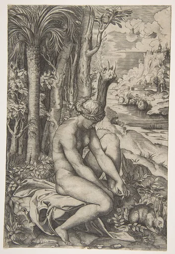 Venus removing a thorn from her left foot while seated beside trees and foliage, a hare eating grass before her