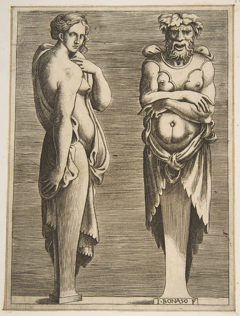 Two Terms, a Nymph at left Silvanus at right — Giulio Bonasone