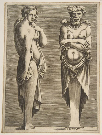 Two Terms, a Nymph at left Silvanus at right