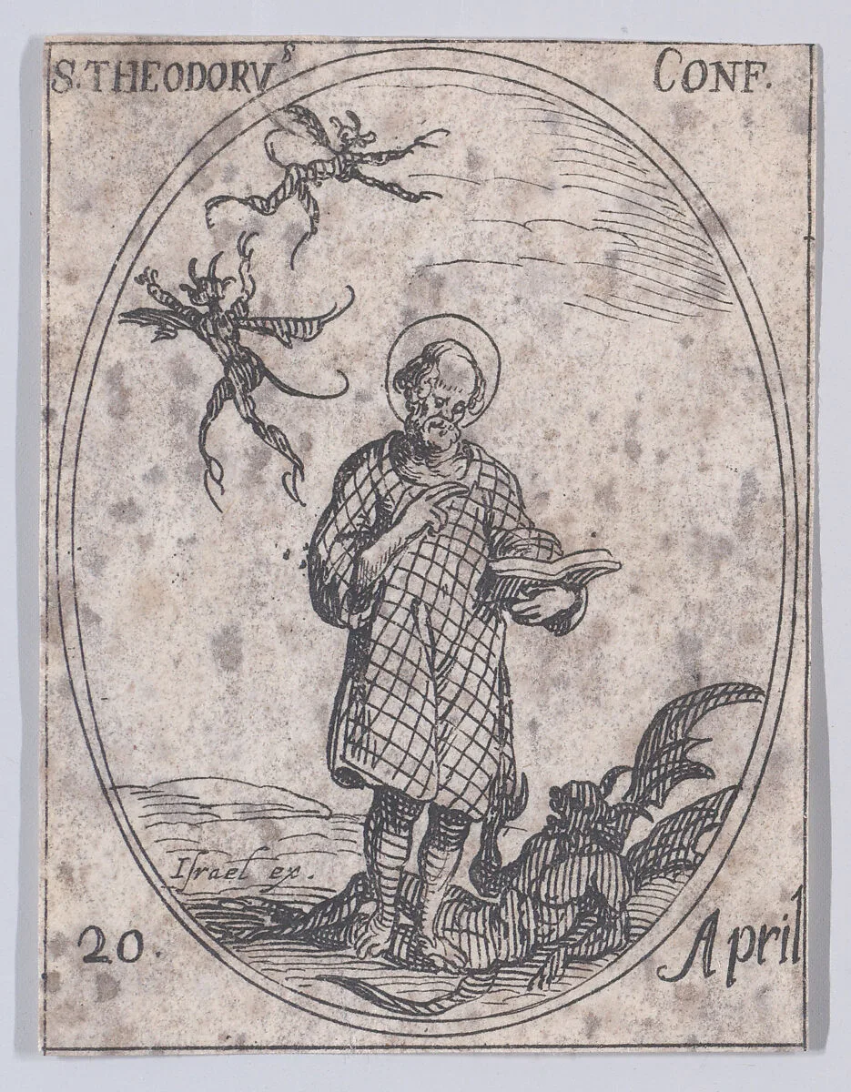 S. Théodore, confesseur (St. Theodore Trichinas, Confessor), April 20th, from "Les Images De Tous Les Saincts et Saintes de L'Année" (Images of All of the Saints and Religious Events of the Year) — Jacques Callot|Israël Henriet