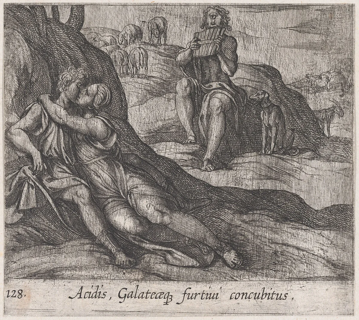 Plate 128: Galatea and Acis Embracing, while Polyphemus Sings for Galatea (Acidis, Galateaeq, furtivi concubitus), from Ovid's 'Metamorphoses' — Antonio Tempesta