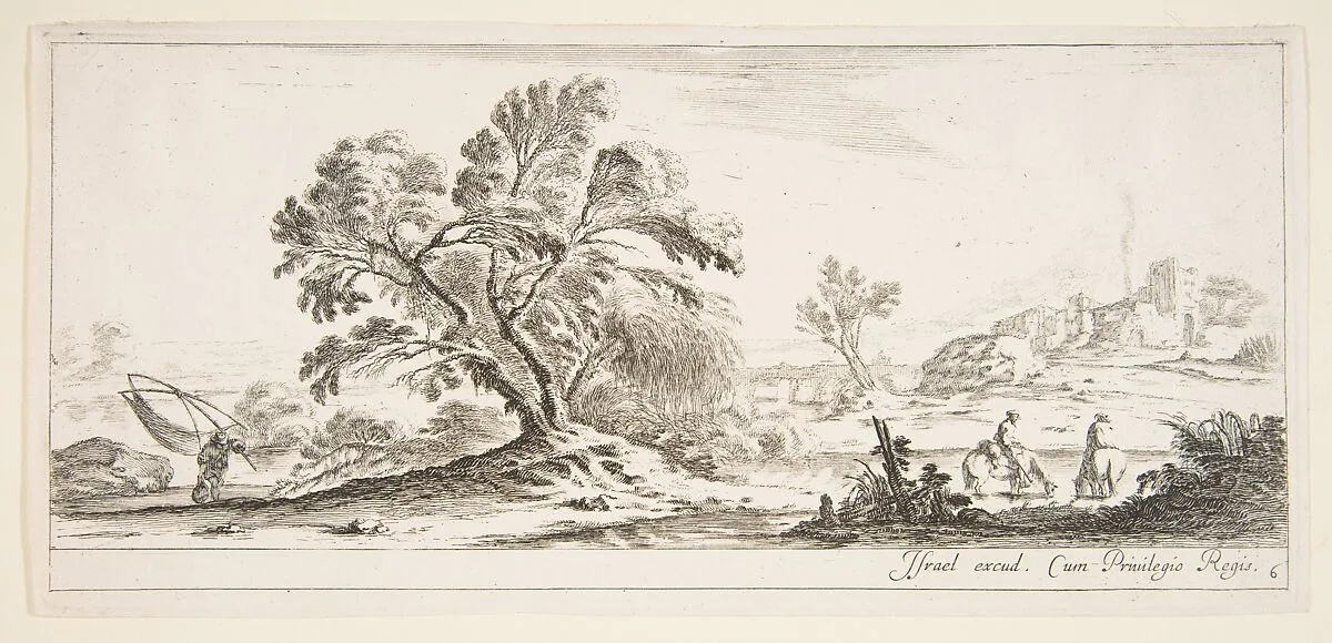 Plate 6: a fisherman carrying a net to left, two horsemen in a stream to right, a tree in center, a castle in ruins to right in the background, from 'Various landscapes' (Divers paysages) — Stefano della Bella|Israël Henriet|Louis de Bourbon duc d'Anguien