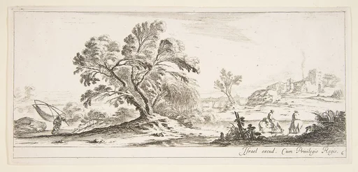 Plate 6: a fisherman carrying a net to left, two horsemen in a stream to right, a tree in center, a castle in ruins to right in the background, from 'Various landscapes' (Divers paysages)