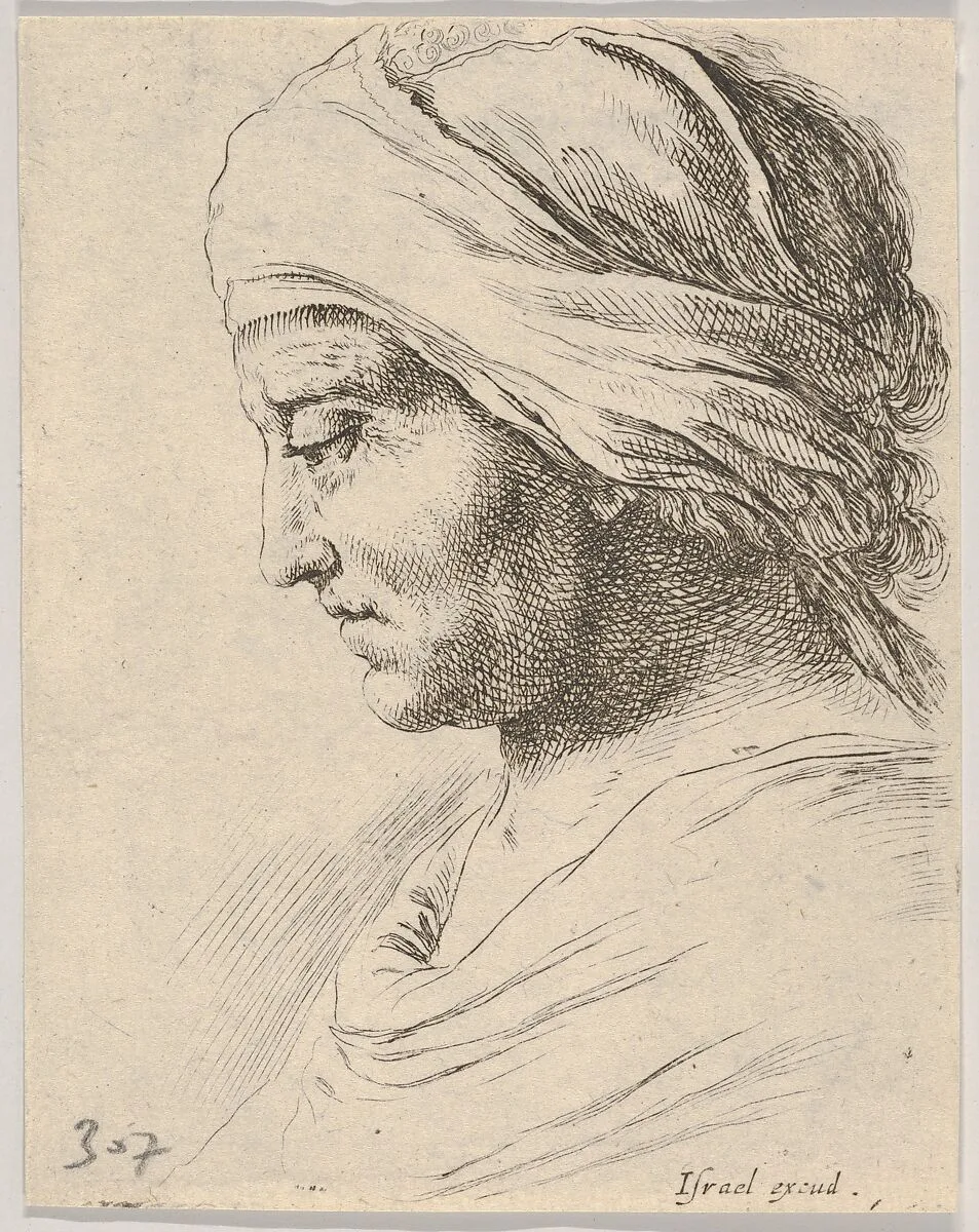 Plate 16: head of an old man in profile with a cloth tied around his head, from 'The Book for Learning to Draw' (Livre pour apprendre à dessiner) — Stefano della Bella|Israël Henriet