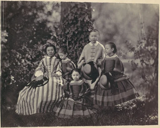 [Seated Lady in Striped Dress with Four Little Girls]