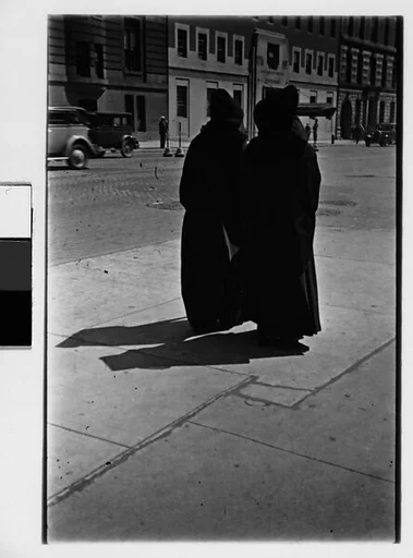 [Two 35mm Film Frames: Two Cloaked Figures on Street, From Behind, and Two Men on Sidewalk, New York City]