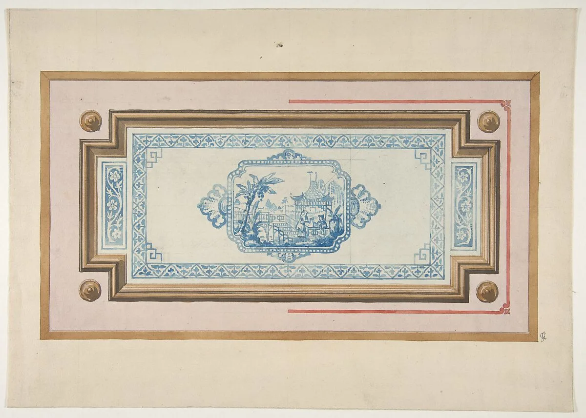 Design for the decoration of a ceiling with a Chinese blue and white design — Jules-Edmond-Charles Lachaise|Eugène-Pierre Gourdet