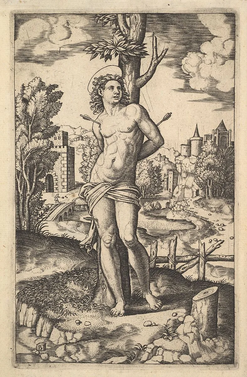 Saint Sebastian tied to a tree pierced by arrows — Master of the Die
