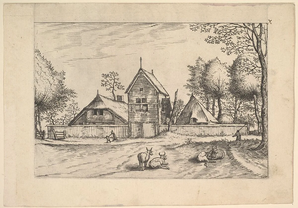 Farmstead, cows and herdsman in the foreground from Praediorum villarum et rusticarum casularum icones elenoantissimae ad vivum in apre deformatae — Johannes van Doetecum I|Lucas van Doetecum|Hieronymus Cock|The Master of the Small Landscapes|Pieter Bruegel the Elder|Cornelis Cort