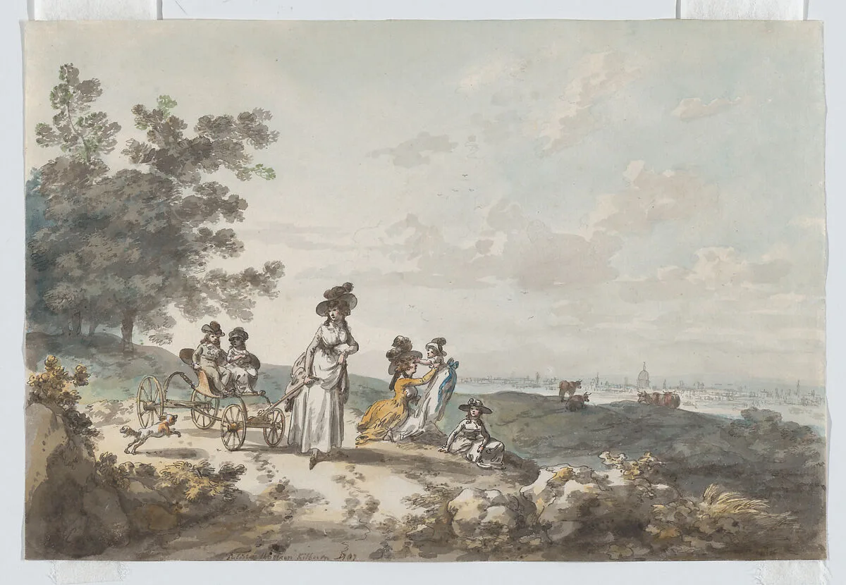 View of London with St. Paul’s in the Distance: Woman and Children with a Baby Carriage — Julius Caesar Ibbetson