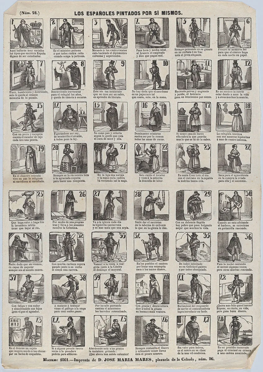 Broadside with 48 scenes depicting the life of a servant girl — José María Marés
