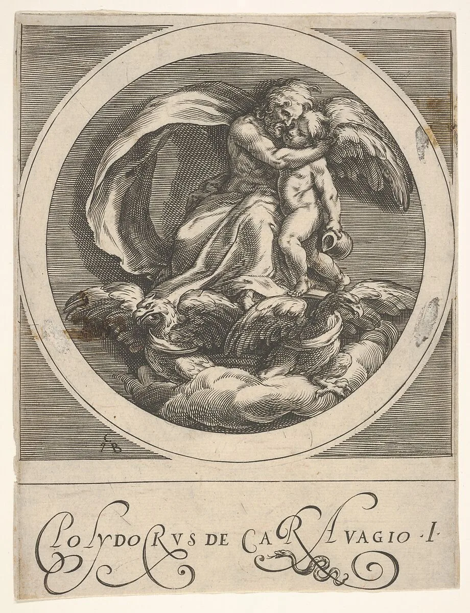 Jupiter, seated above two eagles and embracing Cupid, a round composition from a series of mythological scenes after Polidoro da Caravaggio — Cherubino Alberti (Zaccaria Mattia)|Polidoro da Caravaggio