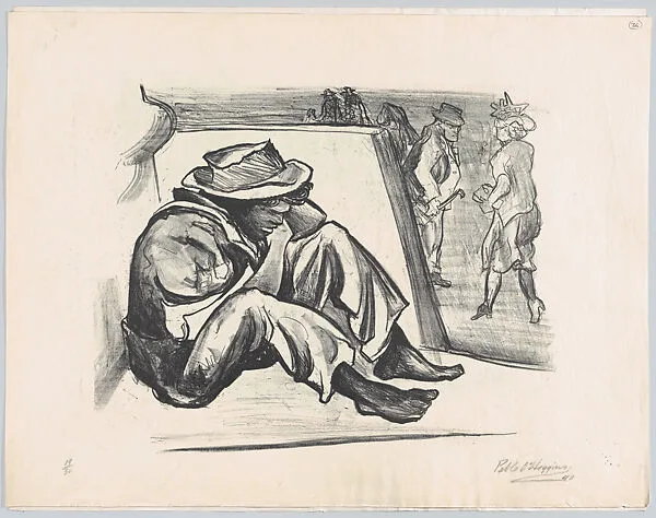 A man (presumably poor) sitting behind a low wall while elegantly dressed figures walk by at right — Pablo Esteban O'Higgins