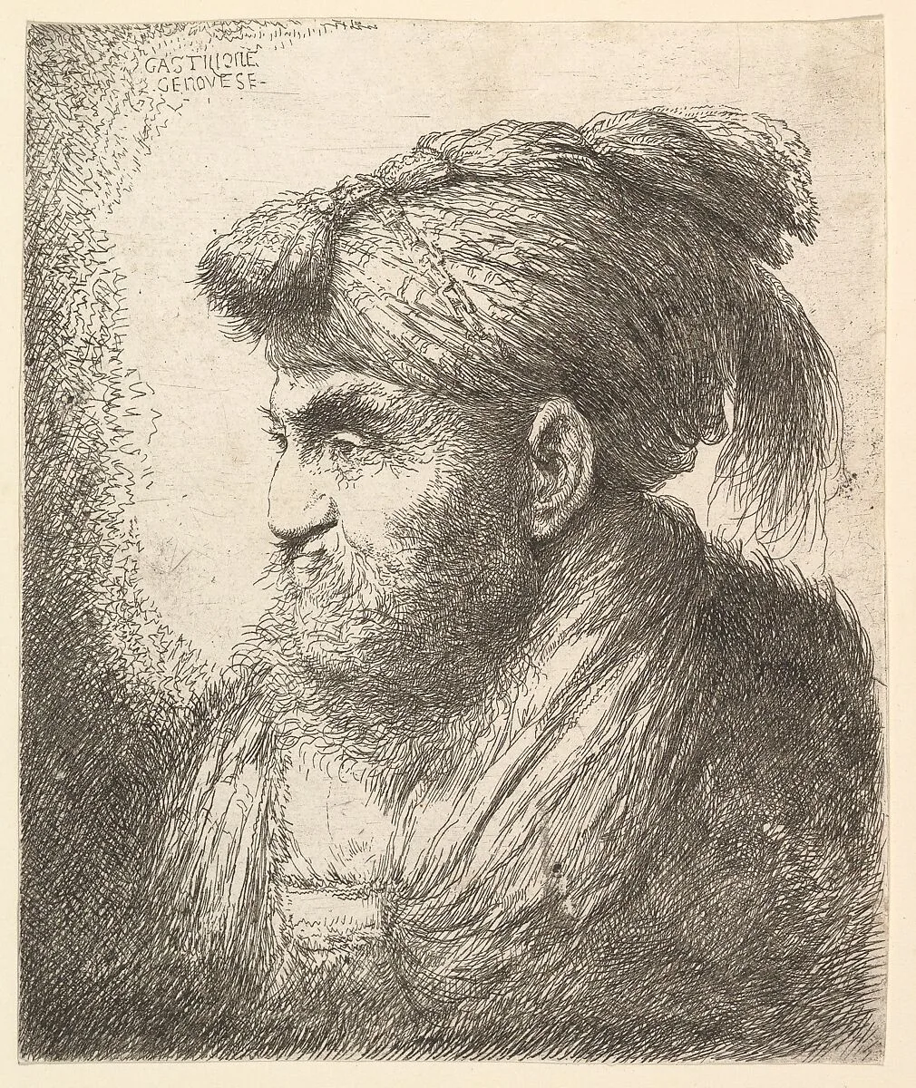 A bearded man wearing a tasseled headdress facing left, from "Heads in Oriental Headdress" — Giovanni Benedetto Castiglione (Il Grechetto)