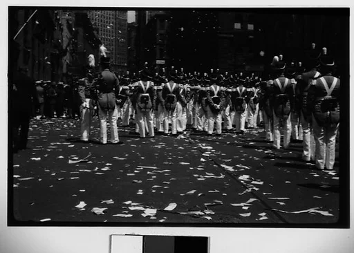 [Marching Band on Street From Behind, Lindbergh Day Parade, New York City]