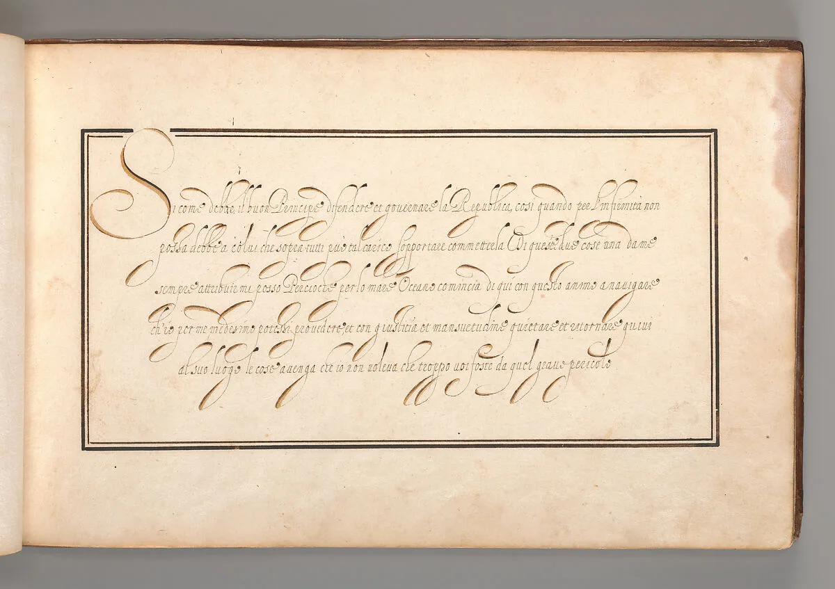 Calligraphic Exercise in Italian (Cursive Script) — Anonymous