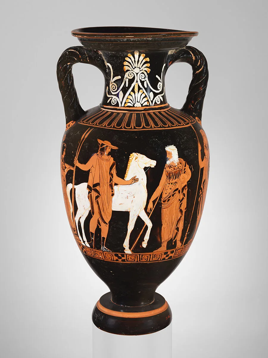 Terracotta neck-amphora (jar) with twisted handles — Suessula Painter