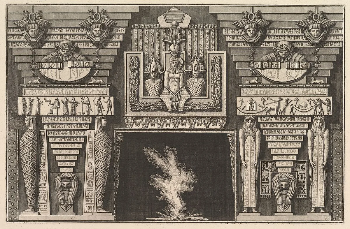 Chimneypiece in the Egyptian style: Two mummies in profile on the left and two figures brearing obelisks on the right (Ch. à l'ègyptienne), from Diverse Maniere d'adornare i cammini ed ogni altra parte degli edifizi...(Different Ways of ornamenting chimneypieces and all other parts of houses) — Giovanni Battista Piranesi