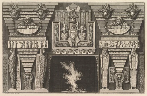 Chimneypiece in the Egyptian style: Two mummies in profile on the left and two figures brearing obelisks on the right (Ch. à l'ègyptienne), from Diverse Maniere d'adornare i cammini ed ogni altra parte degli edifizi...(Different Ways of ornamenting chimneypieces and all other parts of houses)