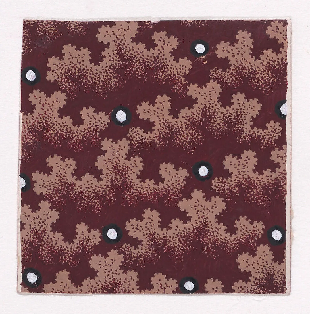 Textile Design with Alternating Vertical and Horizontal Rows of Pearls Over a Background of Alternating Horizontal Garlands of Abstract Bushes — Anonymous, Alsatian, 19th century