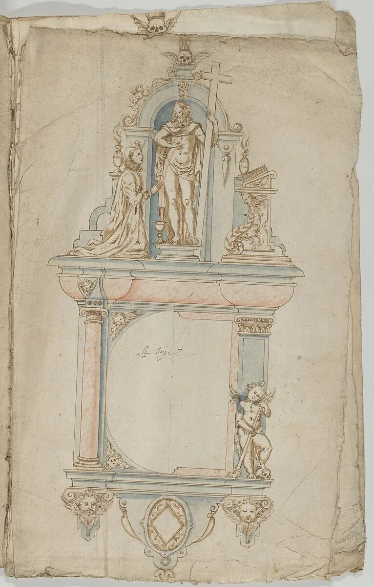 Design for a Wall Tomb with a Variant and Statues of the Resurrected Christ and a kneeling Donor — Anonymous, Flemish