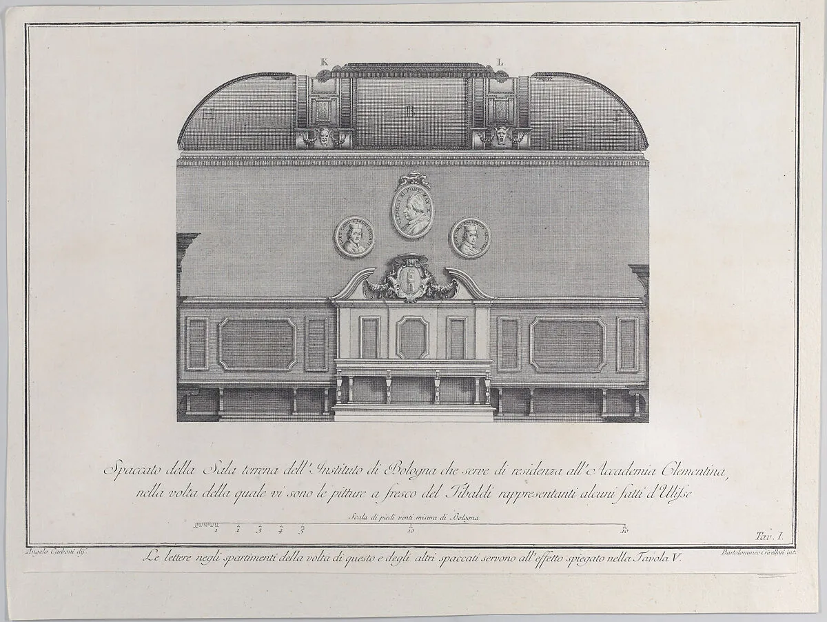 Plate 1: cross-section of the Hall of the Institute of Bologna, which served as the residence for the Clementine Academy, with fresco paintings by Pellegrino Tibaldi in the vault — Angelo Carboni|Bartolomeo Crivellari|Giampietro Zanotti